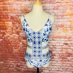 Chuchwish Blue and White Cutout One Piece Bathing Suit